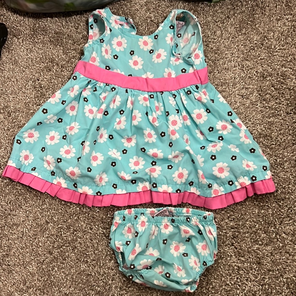 Sweet - blue dress with pink flowers and pink trimming and matching bloomers